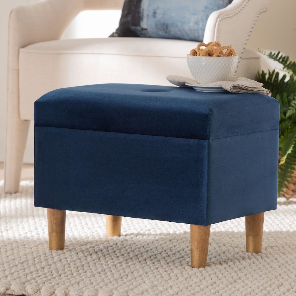 Elias Modern Navy Blue Velvet Fabric Storage Ottoman. Picture 8