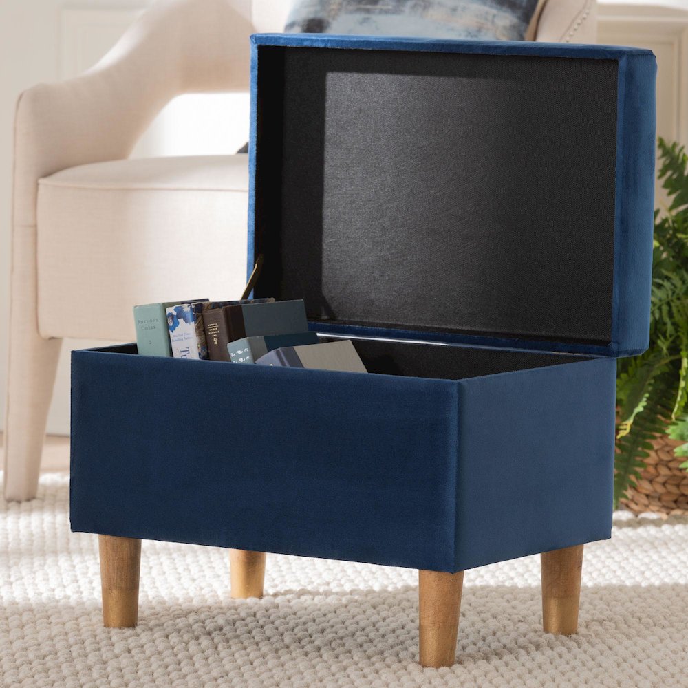 Elias Modern Navy Blue Velvet Fabric Storage Ottoman. Picture 9