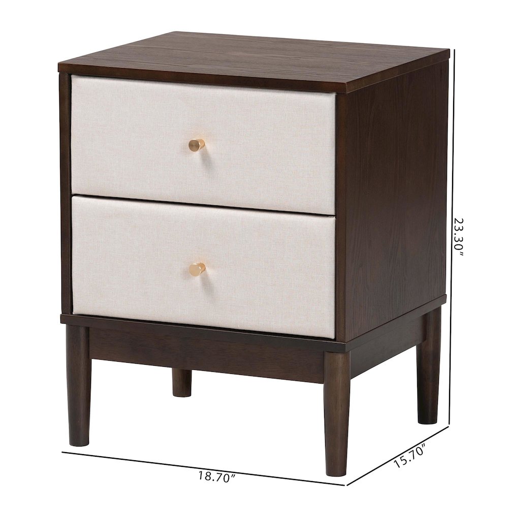 Nikolai Mid-Century Beige Fabric and Wenge Brown Wood 2-Drawer Nightstand. Picture 10
