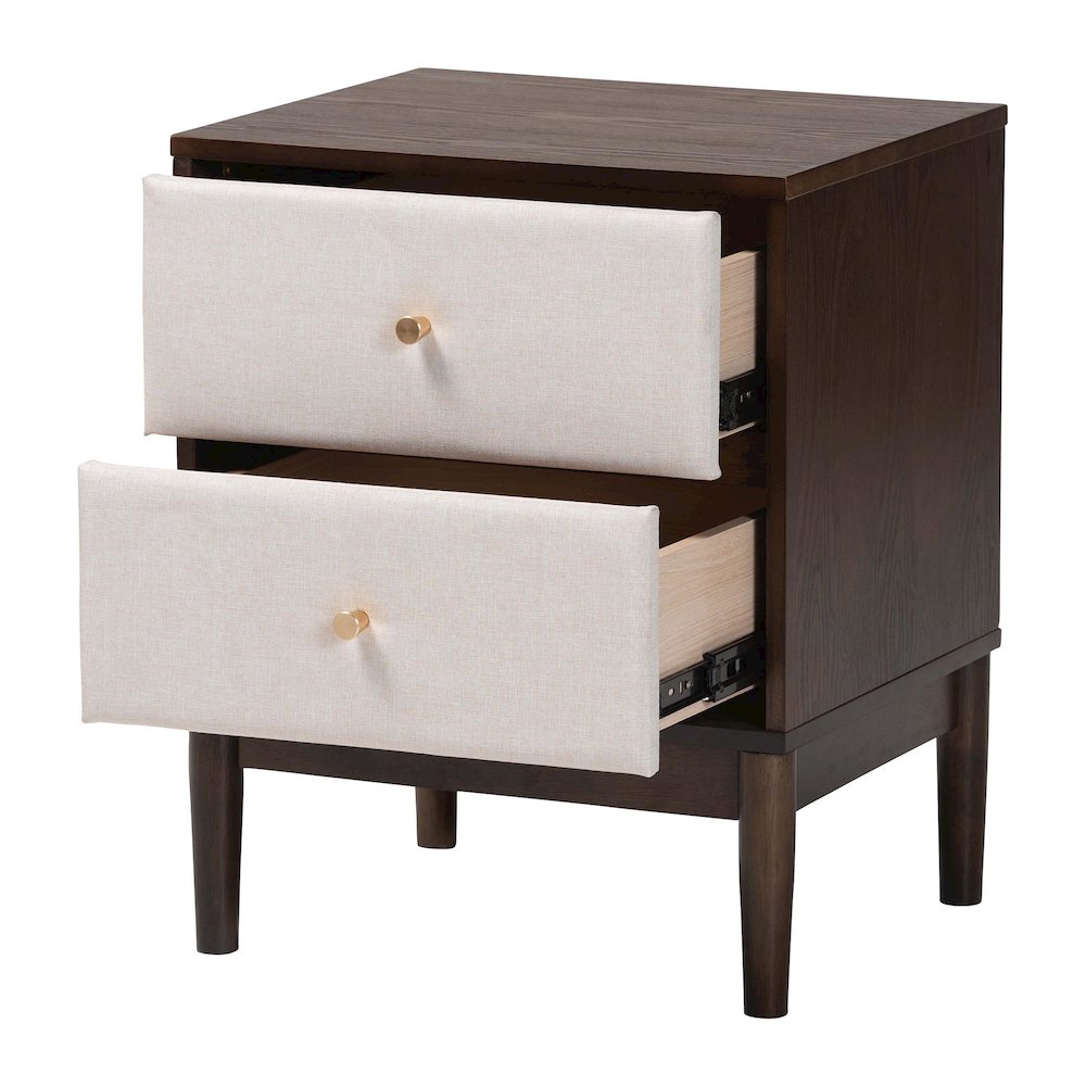 Nikolai Mid-Century Beige Fabric and Wenge Brown Wood 2-Drawer Nightstand. Picture 2