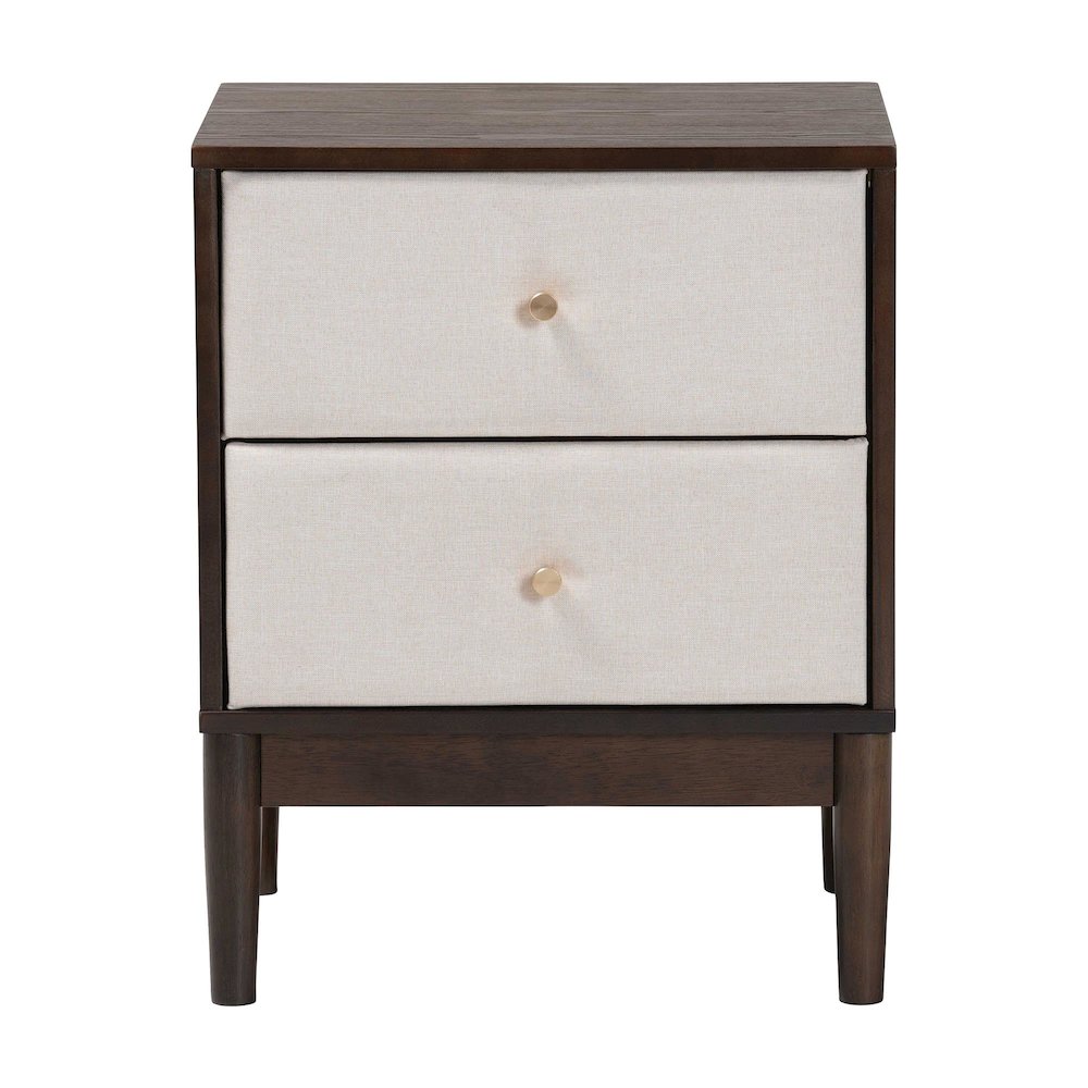 Nikolai Mid-Century Beige Fabric and Wenge Brown Wood 2-Drawer Nightstand. Picture 3