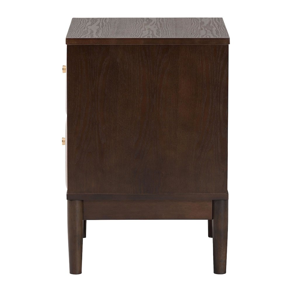 Nikolai Mid-Century Beige Fabric and Wenge Brown Wood 2-Drawer Nightstand. Picture 4