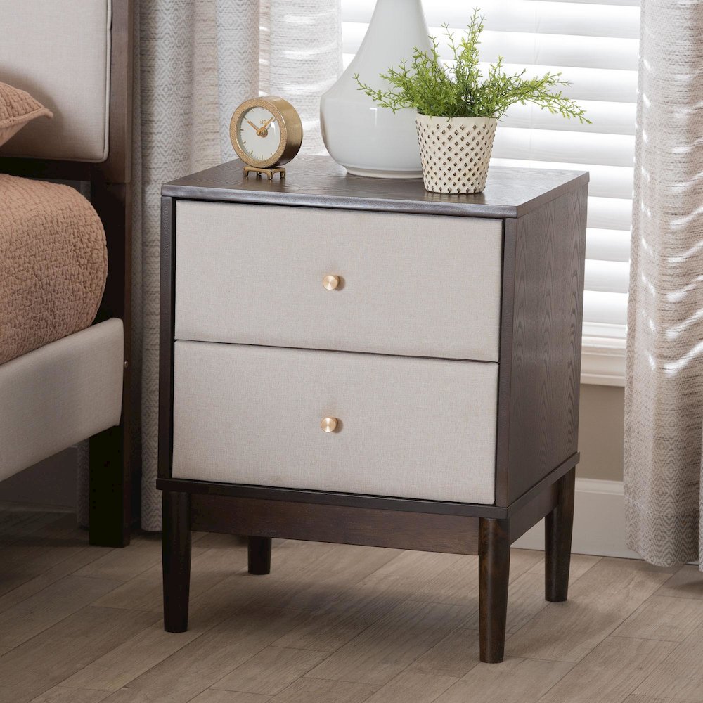 Nikolai Mid-Century Beige Fabric and Wenge Brown Wood 2-Drawer Nightstand. Picture 8