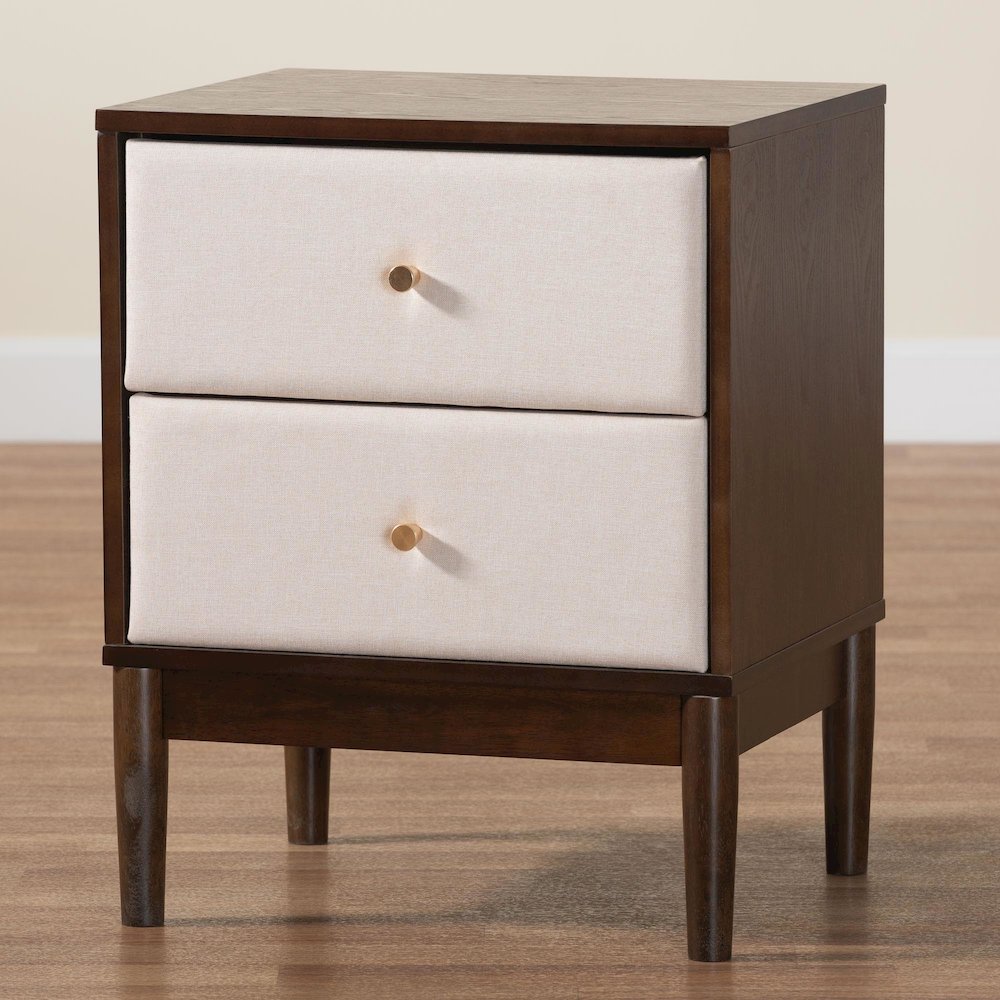 Nikolai Mid-Century Beige Fabric and Wenge Brown Wood 2-Drawer Nightstand. Picture 9