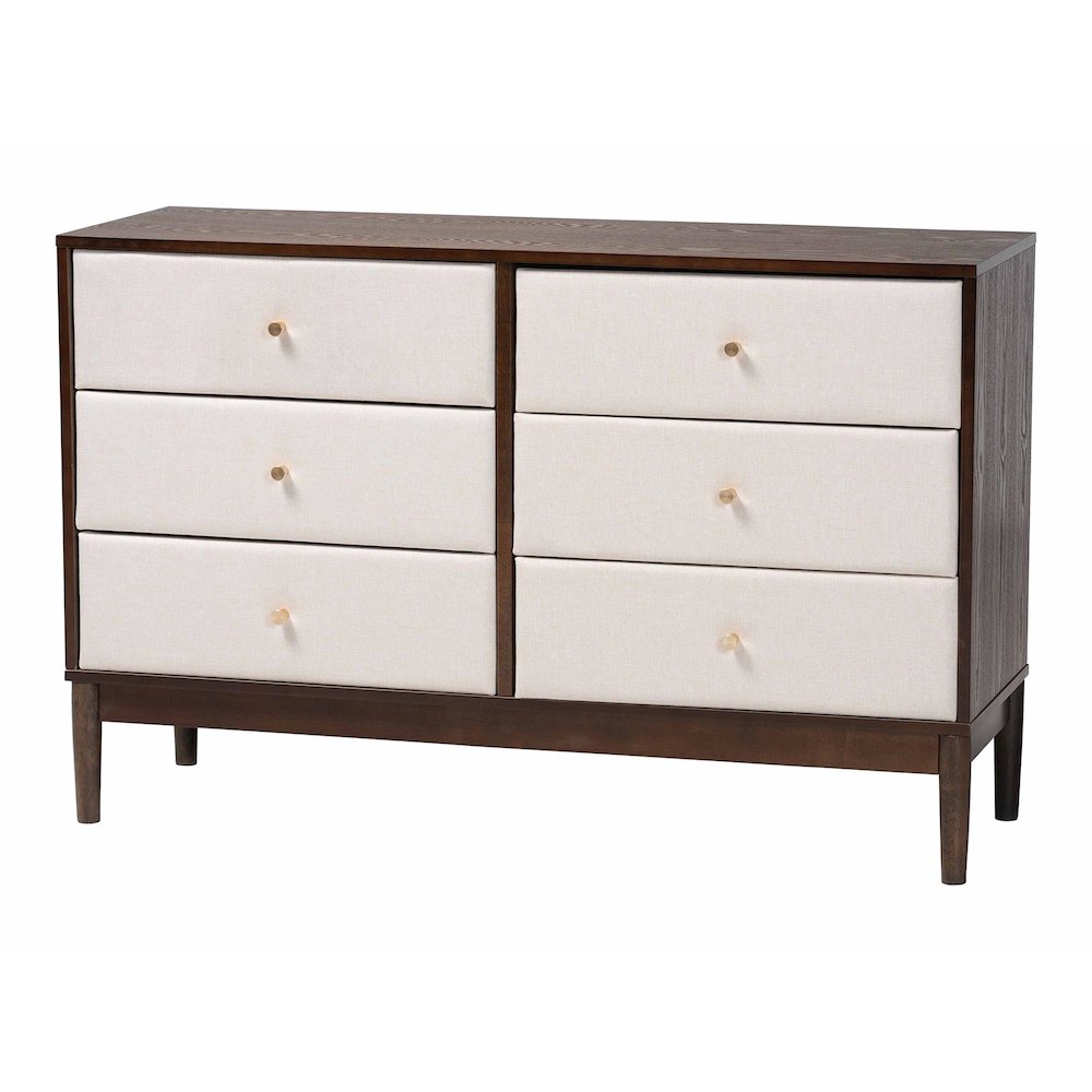 Nikolai Mid-Century Beige Fabric and Wenge Brown Wood 6-Drawer Dresser. Picture 1