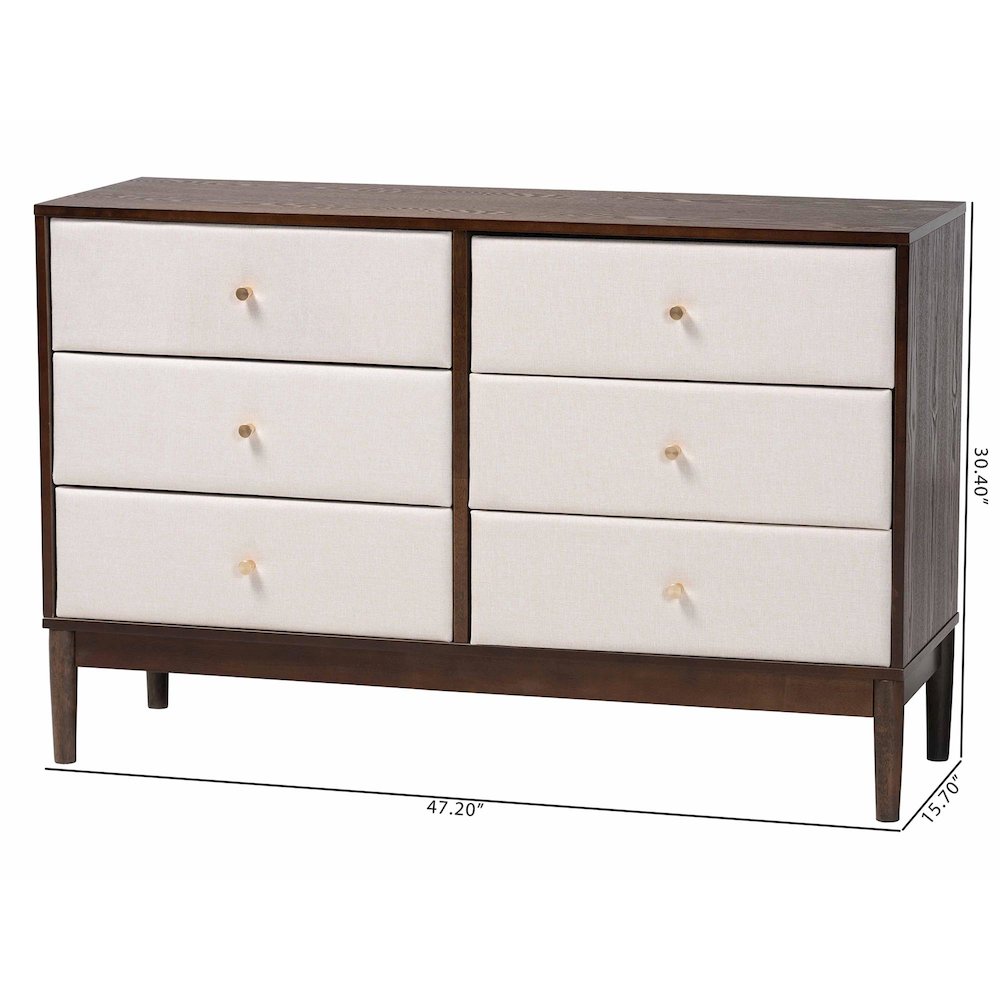 Nikolai Mid-Century Beige Fabric and Wenge Brown Wood 6-Drawer Dresser. Picture 10