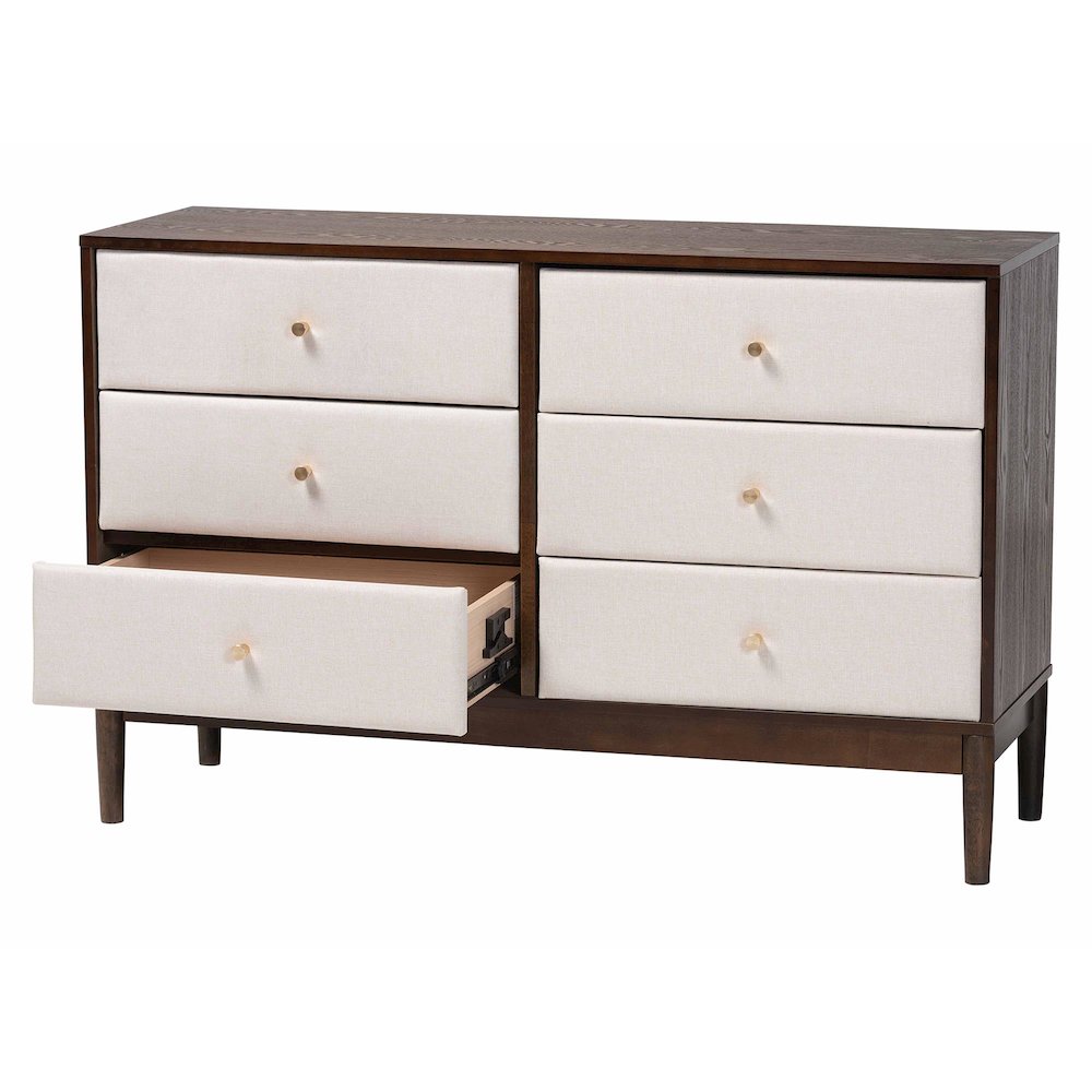 Nikolai Mid-Century Beige Fabric and Wenge Brown Wood 6-Drawer Dresser. Picture 2