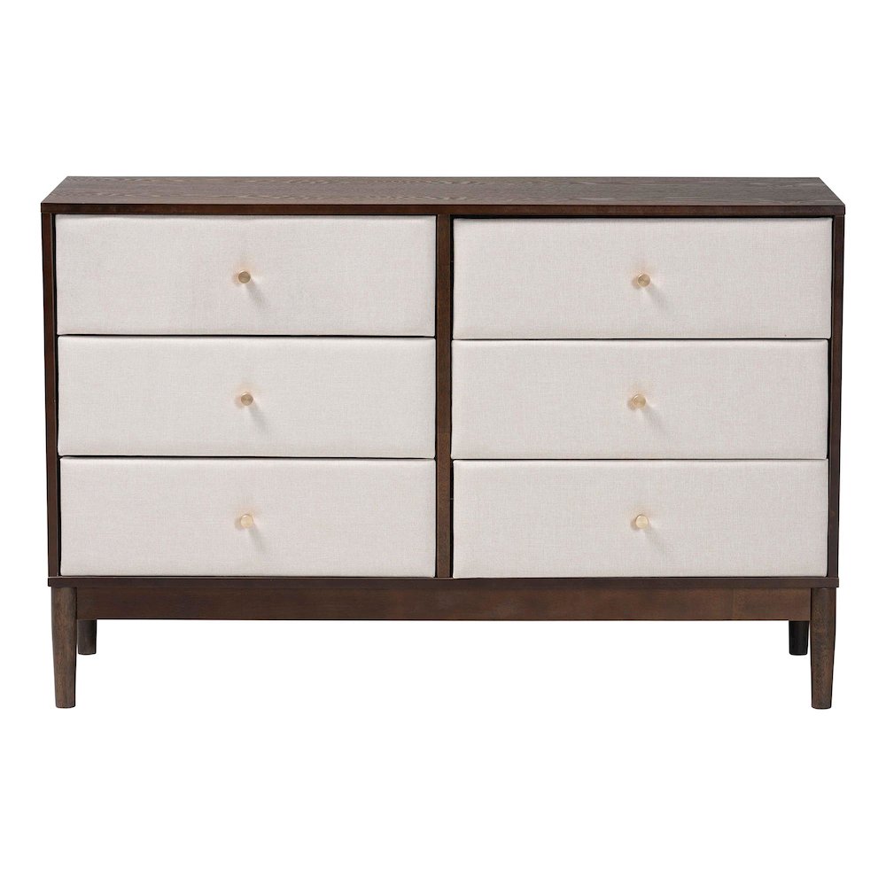 Nikolai Mid-Century Beige Fabric and Wenge Brown Wood 6-Drawer Dresser. Picture 3