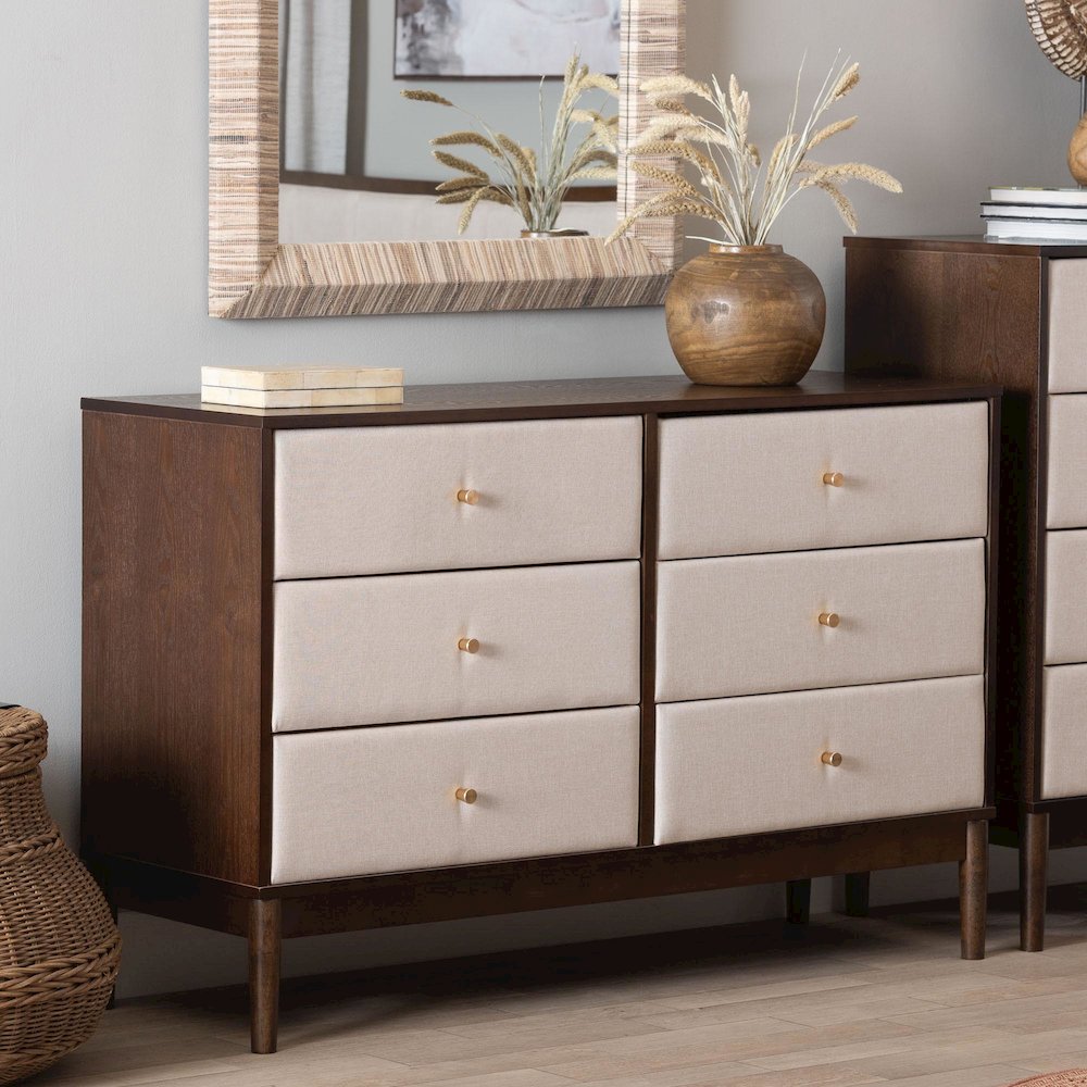 Nikolai Mid-Century Beige Fabric and Wenge Brown Wood 6-Drawer Dresser. Picture 8