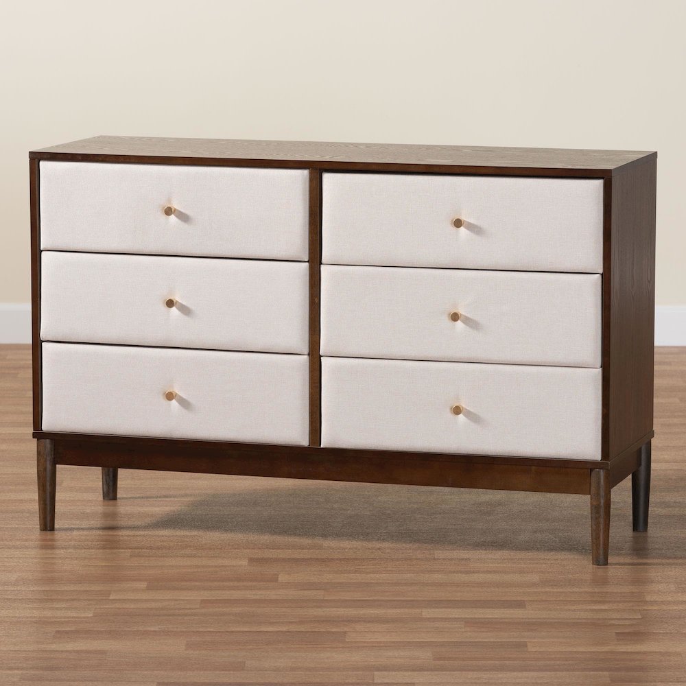 Nikolai Mid-Century Beige Fabric and Wenge Brown Wood 6-Drawer Dresser. Picture 9