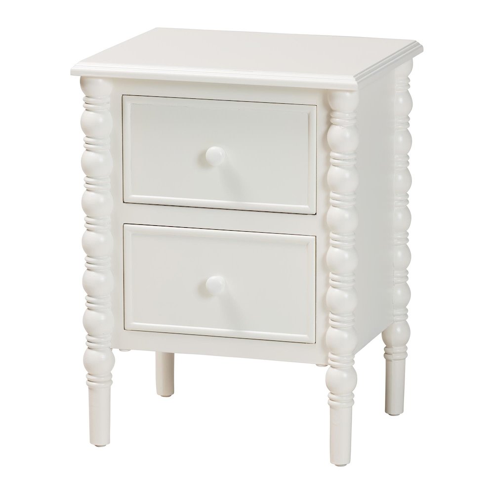 Malinda Classic White Wood 2-Drawer End Table with Spindle Legs. Picture 1