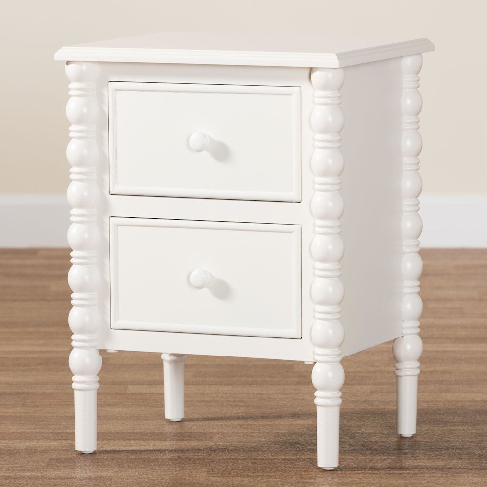 Malinda Classic White Wood 2-Drawer End Table with Spindle Legs. Picture 10