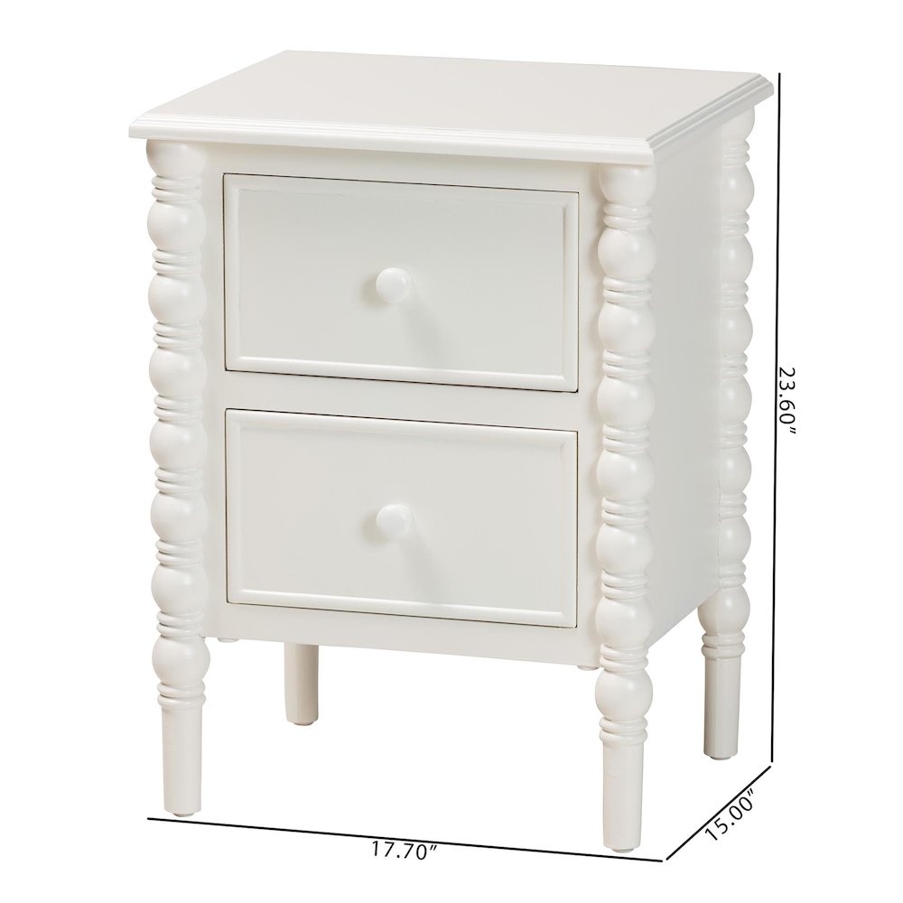 Malinda Classic White Wood 2-Drawer End Table with Spindle Legs. Picture 11