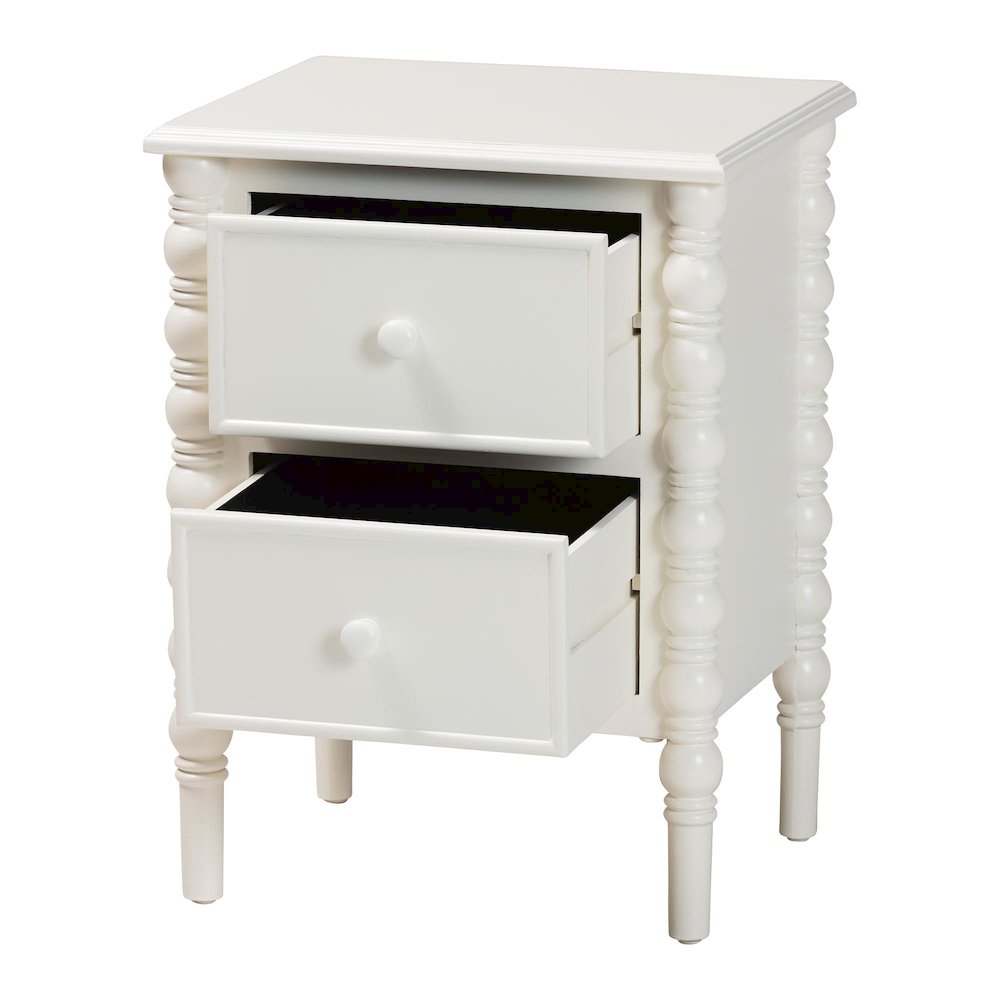 Malinda Classic White Wood 2-Drawer End Table with Spindle Legs. Picture 2