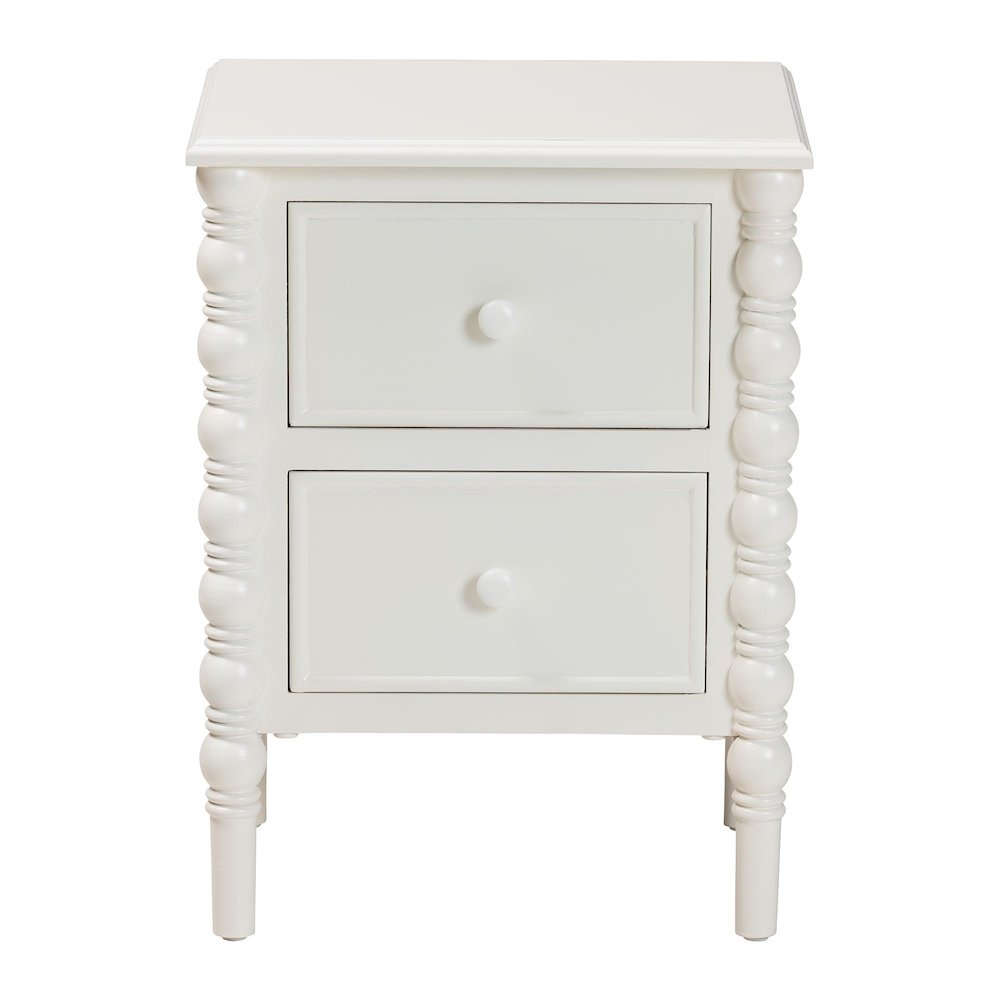 Malinda Classic White Wood 2-Drawer End Table with Spindle Legs. Picture 3