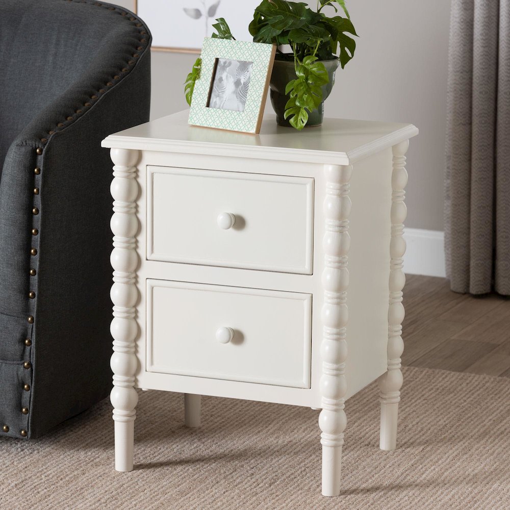 Malinda Classic White Wood 2-Drawer End Table with Spindle Legs. Picture 9