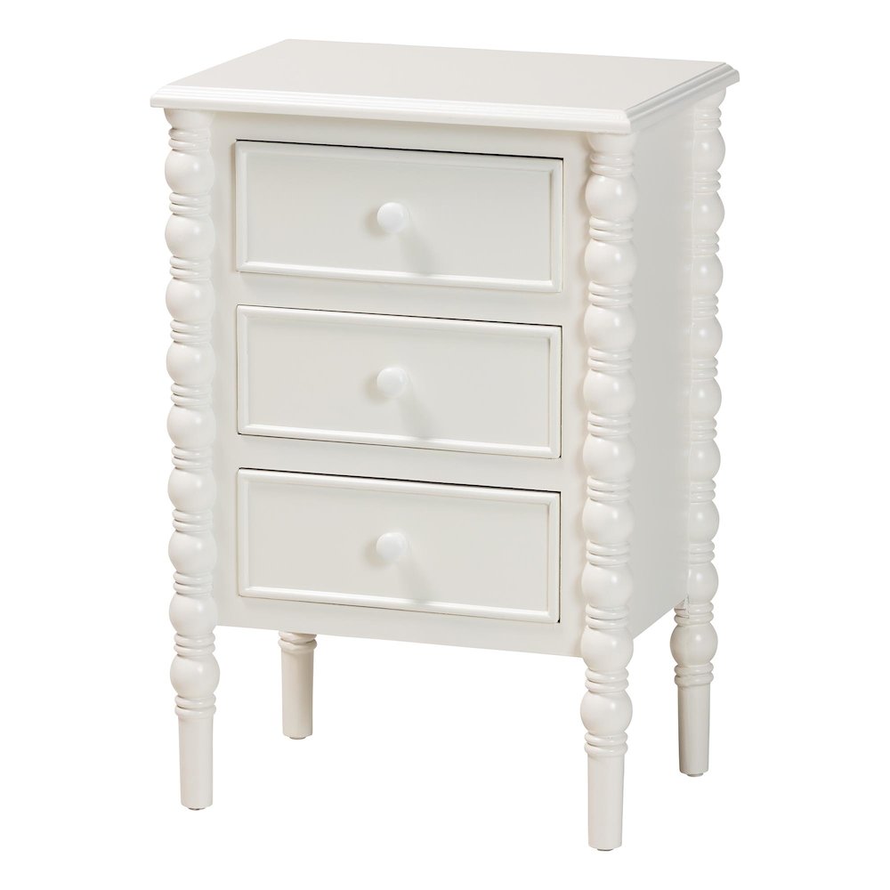 Malinda Classic White Wood 3-Drawer End Table with Spindle Legs. Picture 1