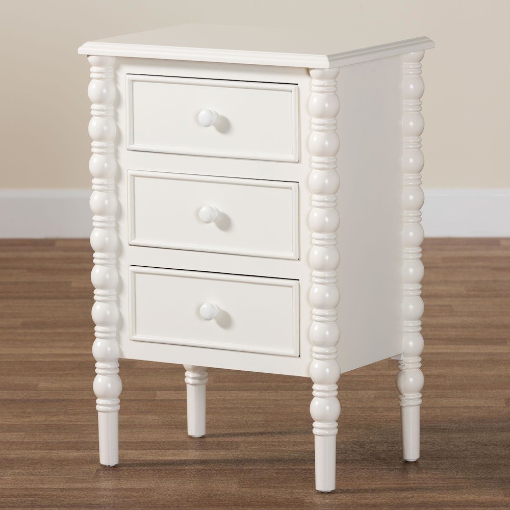 Malinda Classic White Wood 3-Drawer End Table with Spindle Legs. Picture 10