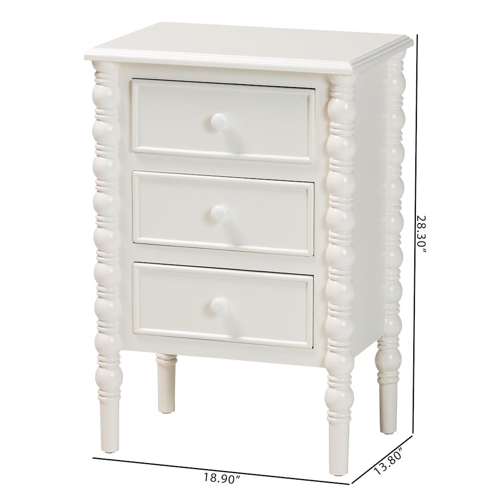 Malinda Classic White Wood 3-Drawer End Table with Spindle Legs. Picture 11