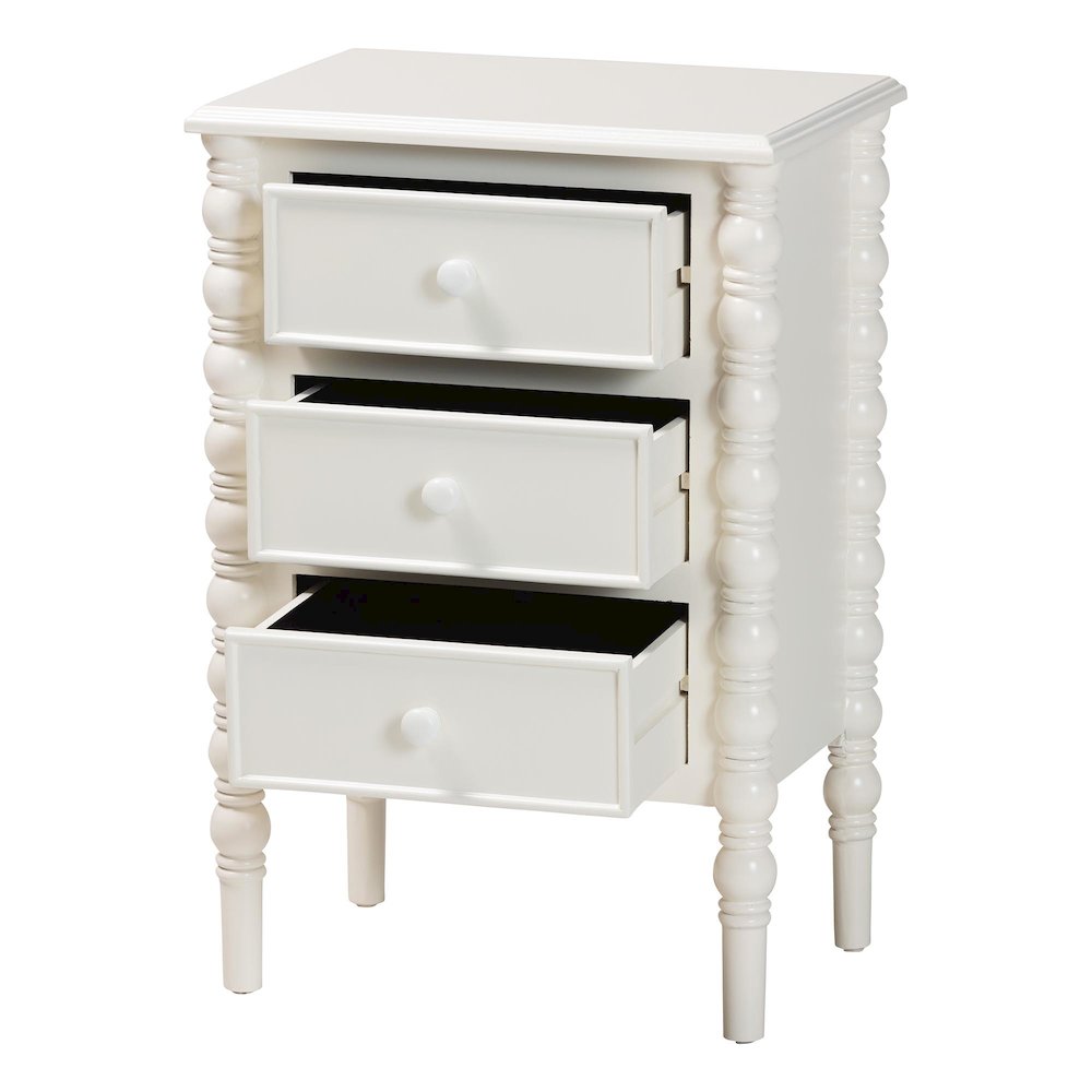 Malinda Classic White Wood 3-Drawer End Table with Spindle Legs. Picture 2