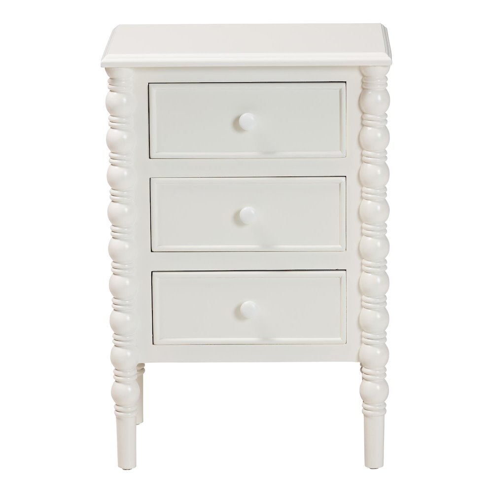 Malinda Classic White Wood 3-Drawer End Table with Spindle Legs. Picture 3