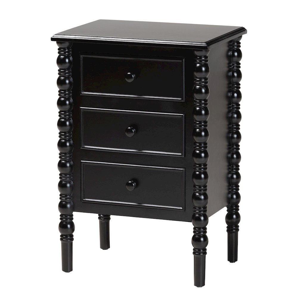 Malinda Classic Black Wood 3-Drawer End Table with Spindle Legs. Picture 1