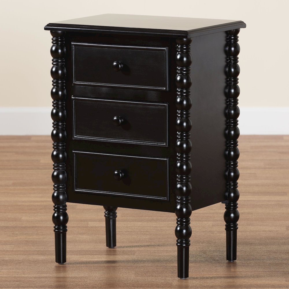 Malinda Classic Black Wood 3-Drawer End Table with Spindle Legs. Picture 10