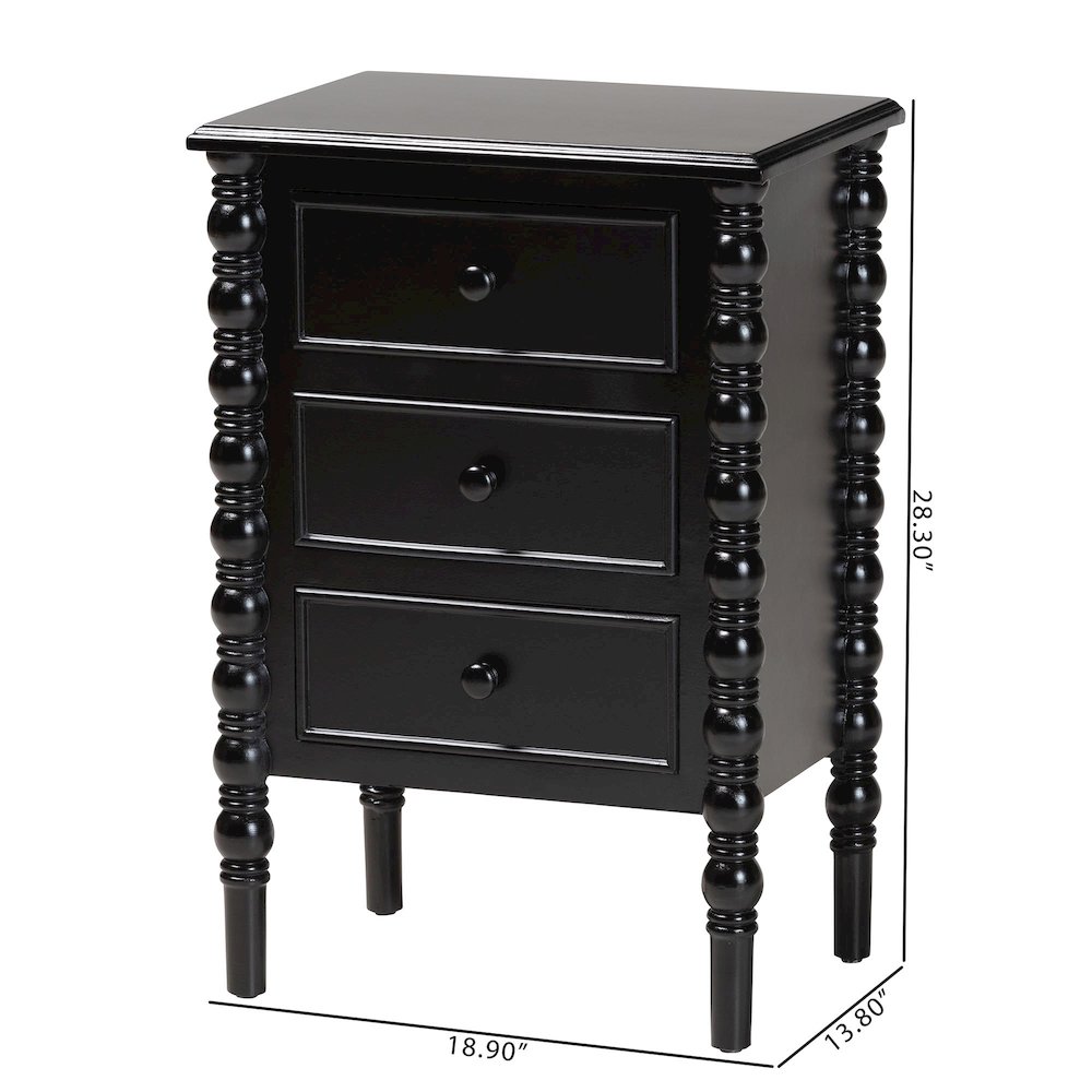 Malinda Classic Black Wood 3-Drawer End Table with Spindle Legs. Picture 11