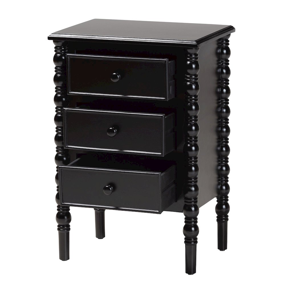 Malinda Classic Black Wood 3-Drawer End Table with Spindle Legs. Picture 2