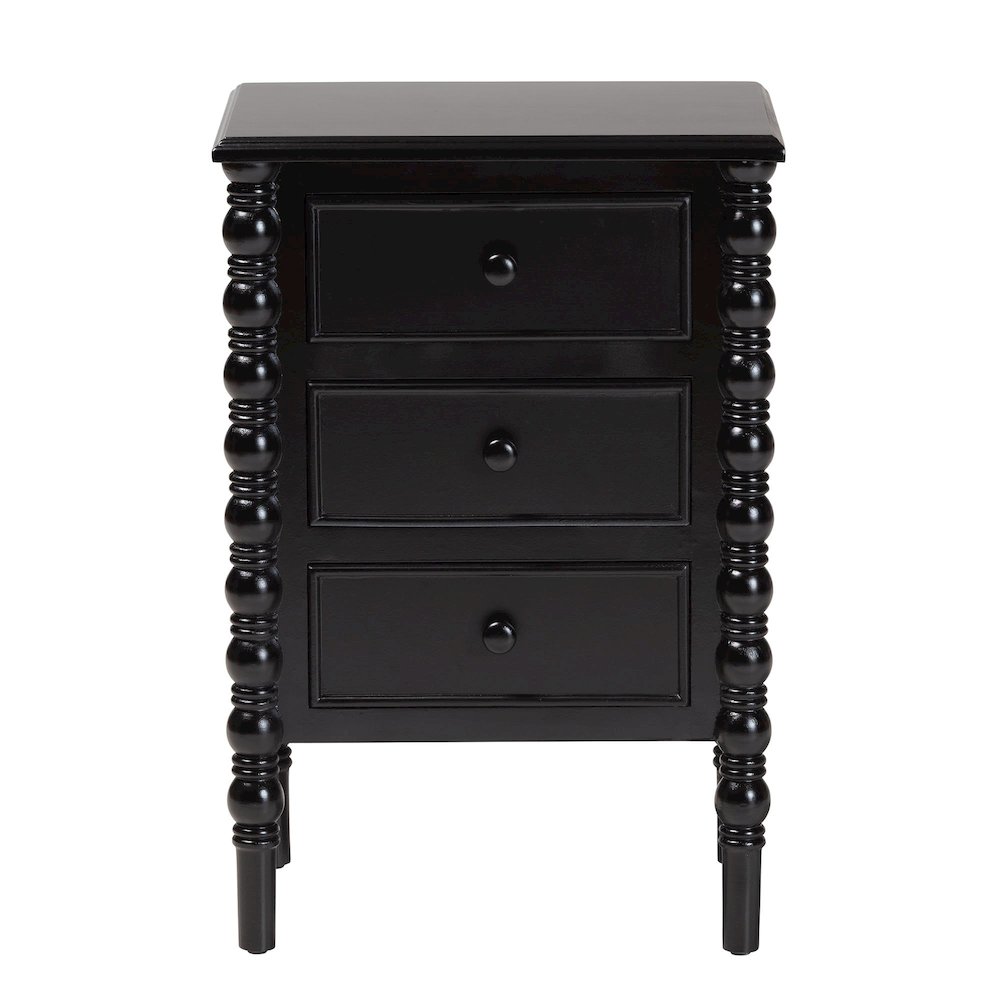 Malinda Classic Black Wood 3-Drawer End Table with Spindle Legs. Picture 3