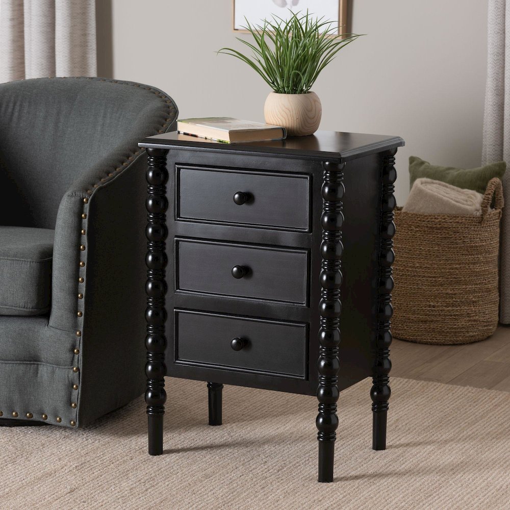 Malinda Classic Black Wood 3-Drawer End Table with Spindle Legs. Picture 9