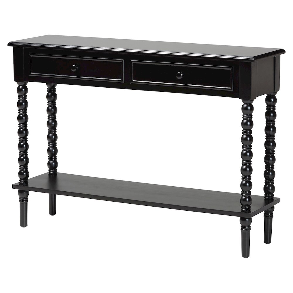 Malinda Classic Black Wood 2-Drawer Console Table with Spindle Legs. Picture 1