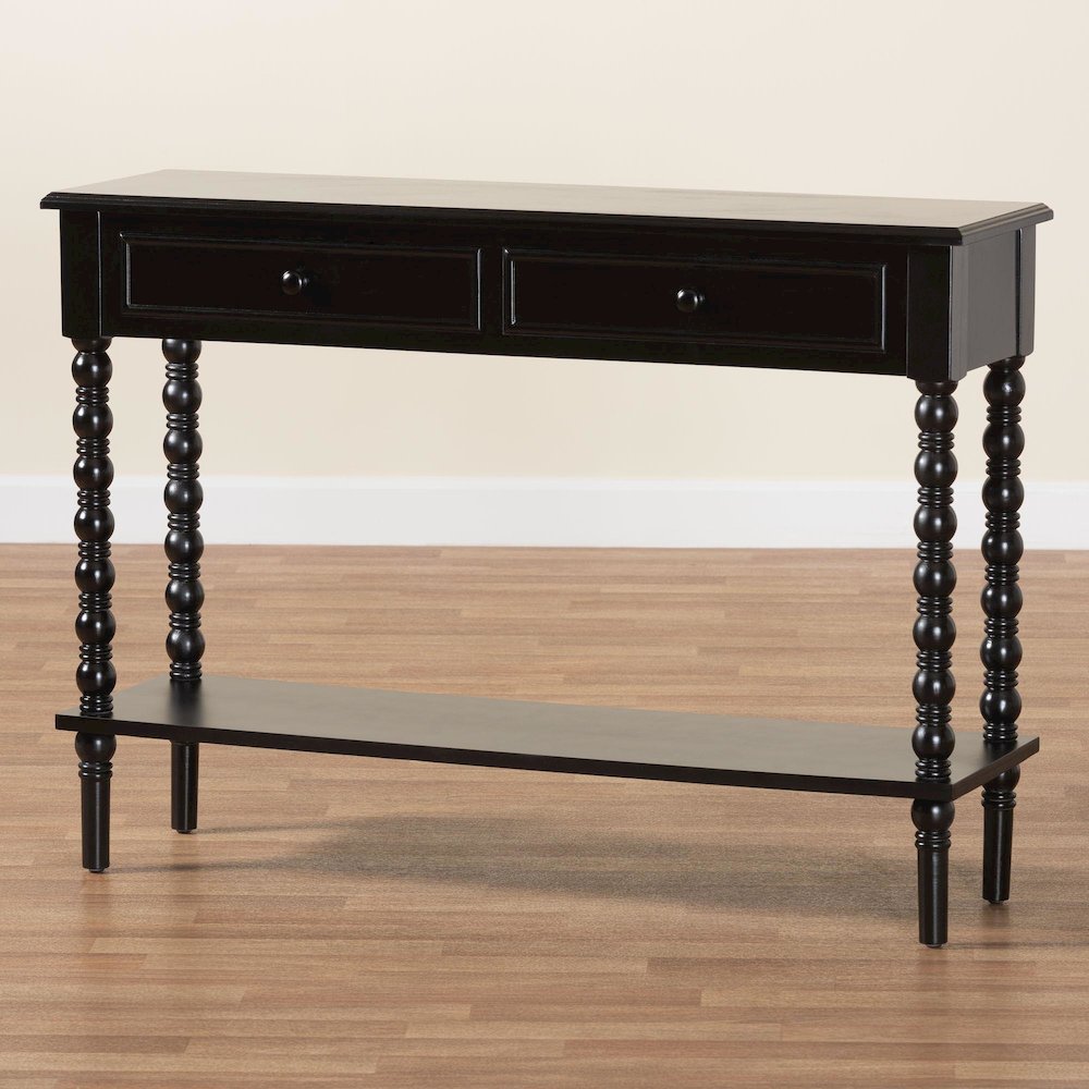 Malinda Classic Black Wood 2-Drawer Console Table with Spindle Legs. Picture 10