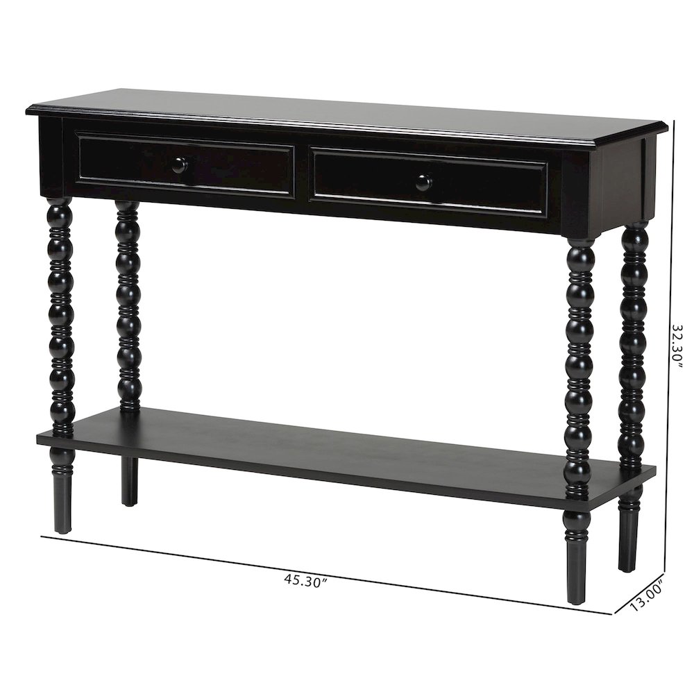 Malinda Classic Black Wood 2-Drawer Console Table with Spindle Legs. Picture 11