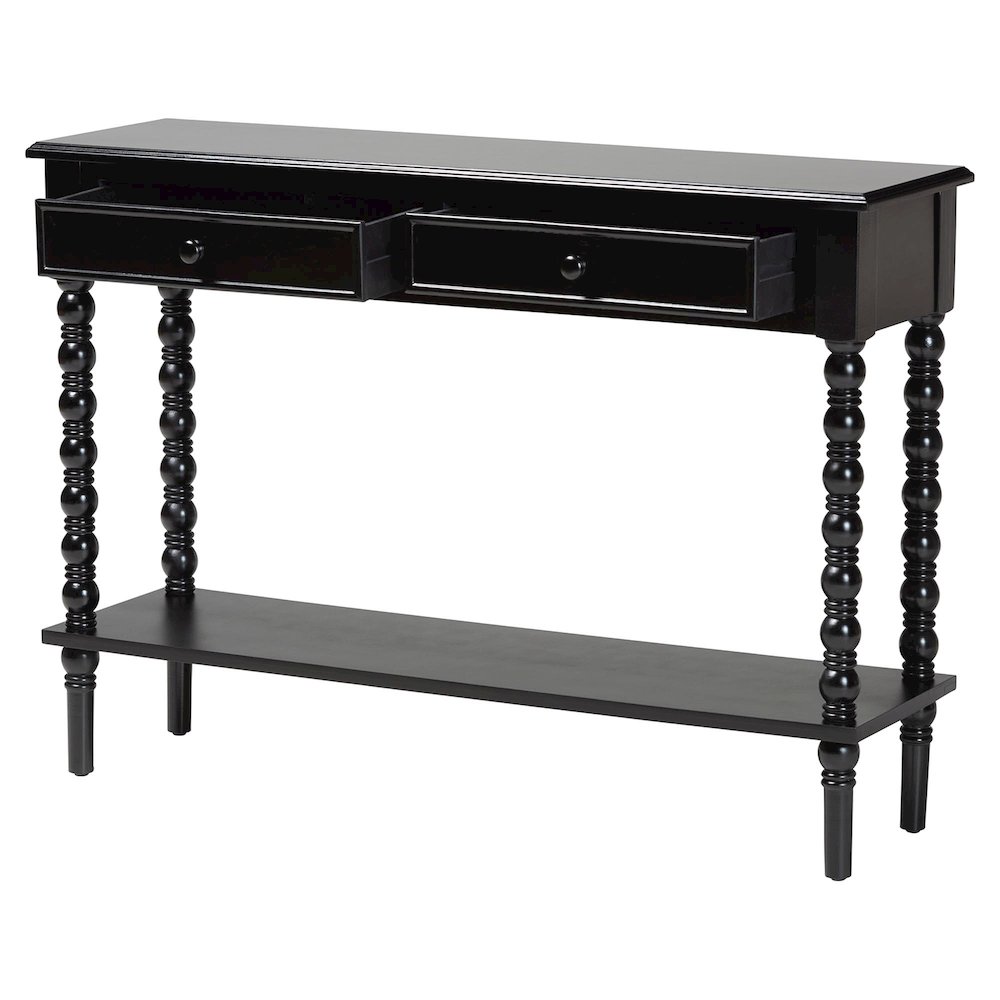 Malinda Classic Black Wood 2-Drawer Console Table with Spindle Legs. Picture 2