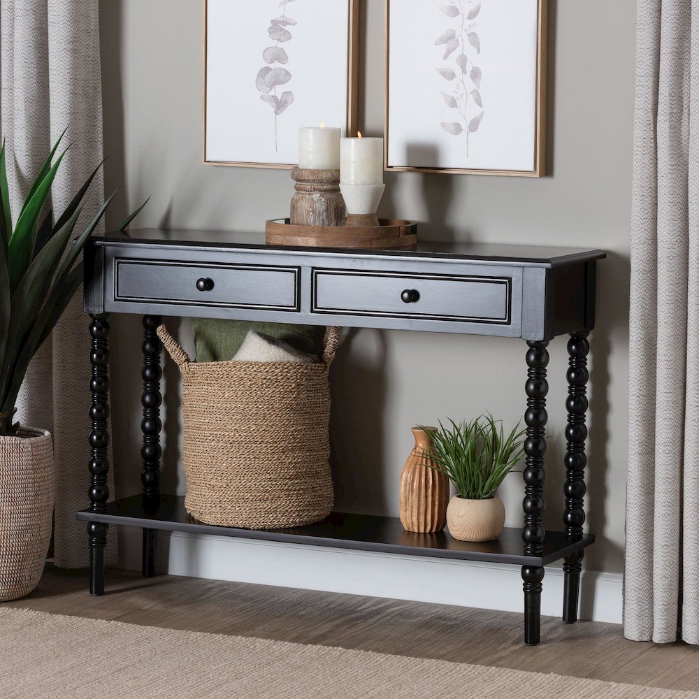 Malinda Classic Black Wood 2-Drawer Console Table with Spindle Legs. Picture 9