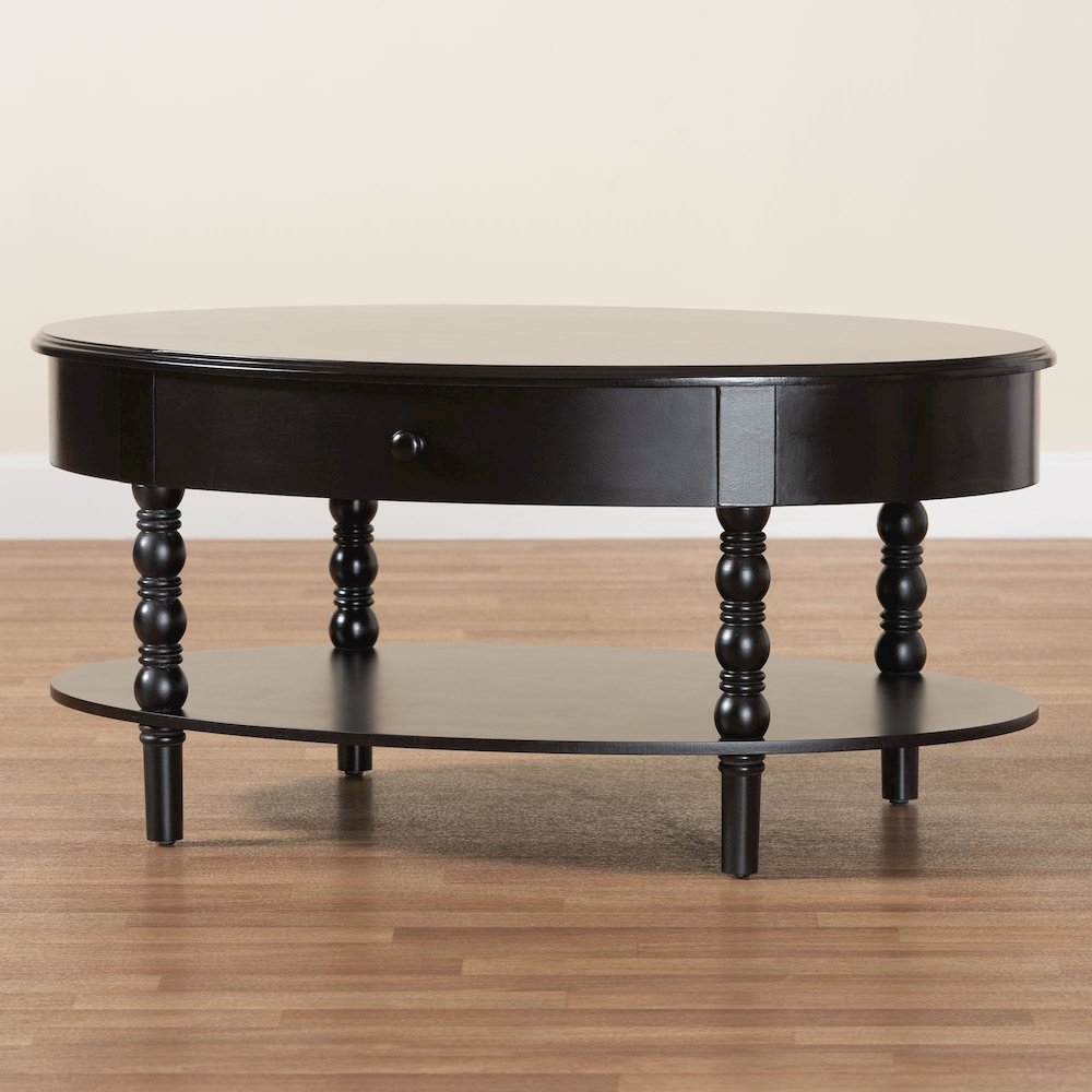 Malinda Classic Black Wood 1-Drawer Coffee Table with Spindle Legs. Picture 8