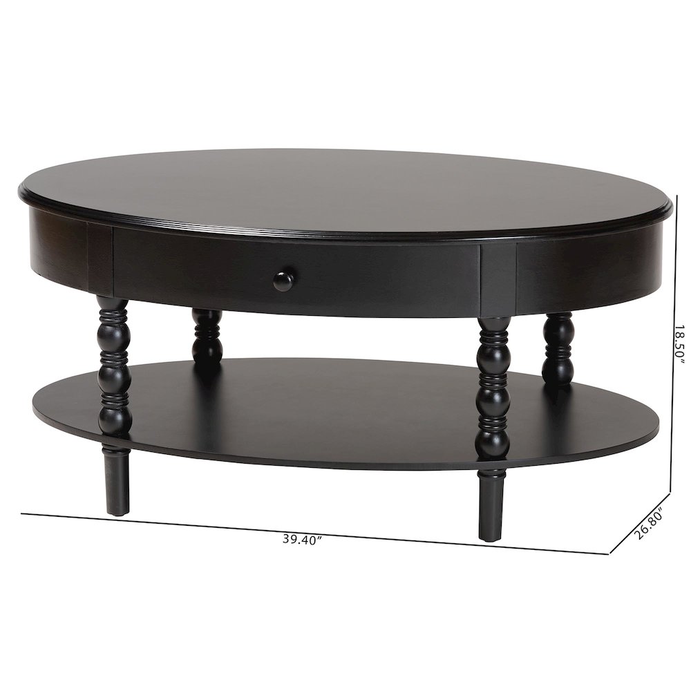Malinda Classic Black Wood 1-Drawer Coffee Table with Spindle Legs. Picture 9