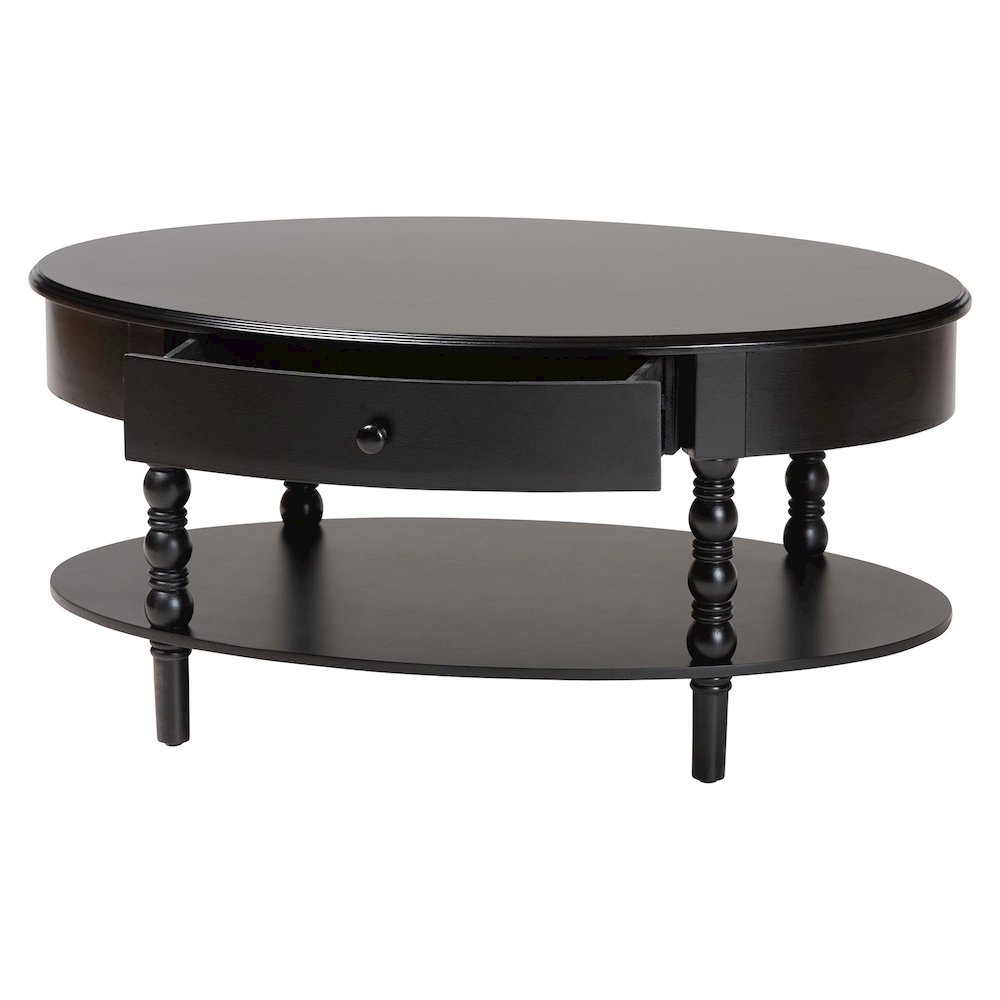 Malinda Classic Black Wood 1-Drawer Coffee Table with Spindle Legs. Picture 2