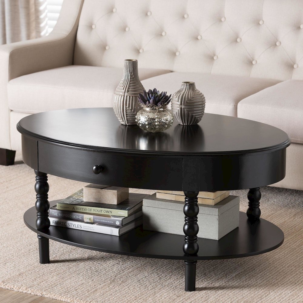 Malinda Classic Black Wood 1-Drawer Coffee Table with Spindle Legs. Picture 7