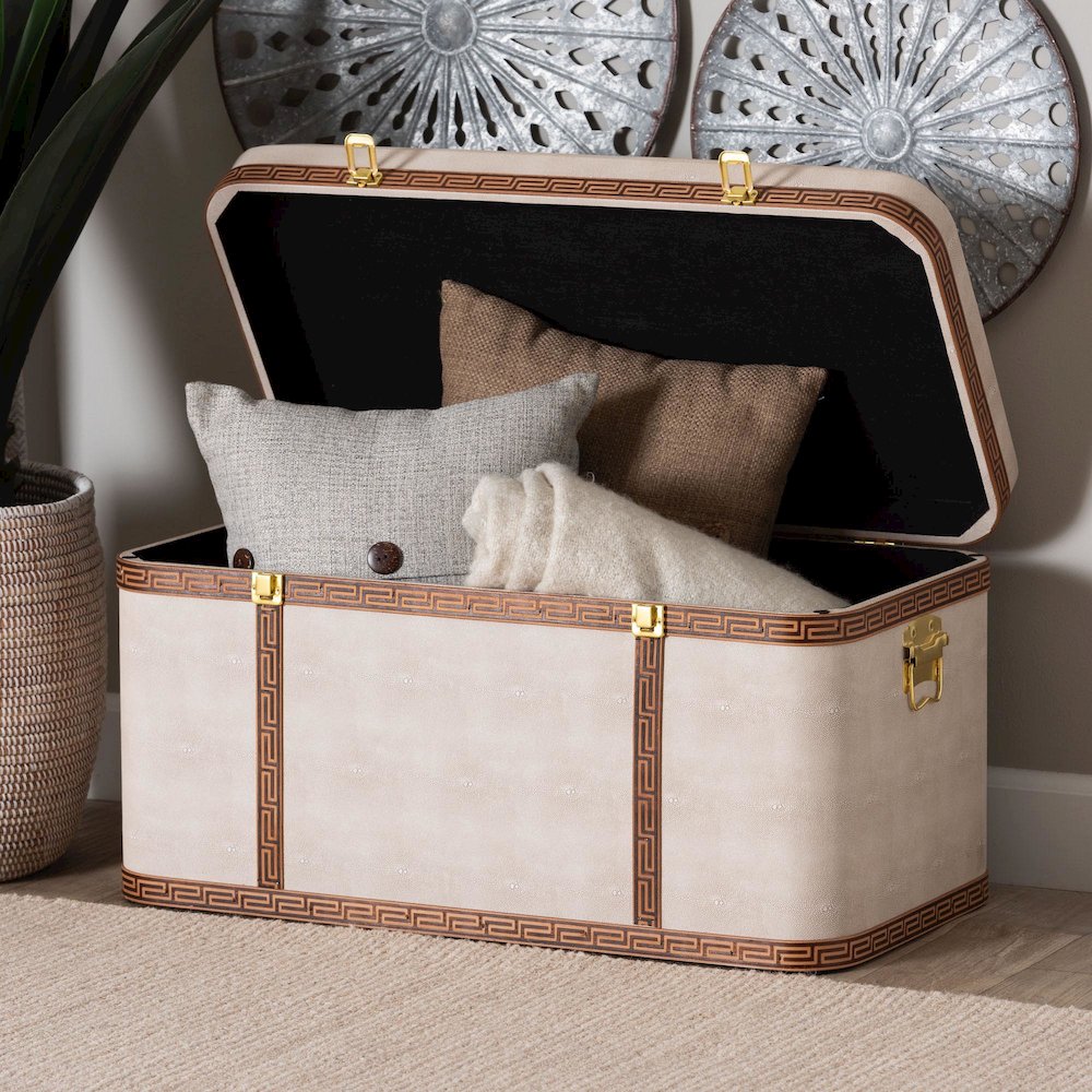 Brenner Modern Transitional Beige Faux Shagreen Storage Trunk. Picture 10