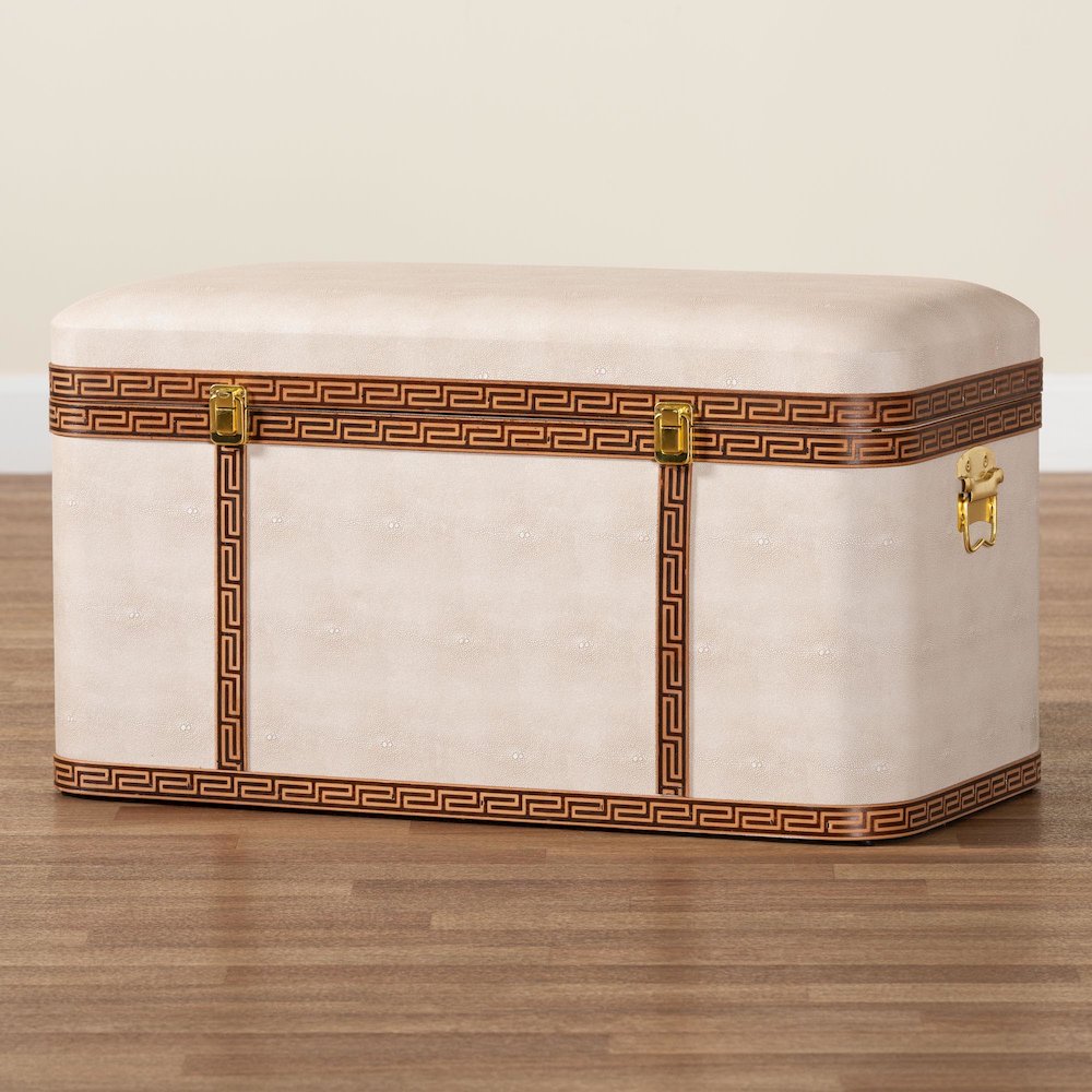 Brenner Modern Transitional Beige Faux Shagreen Storage Trunk. Picture 11