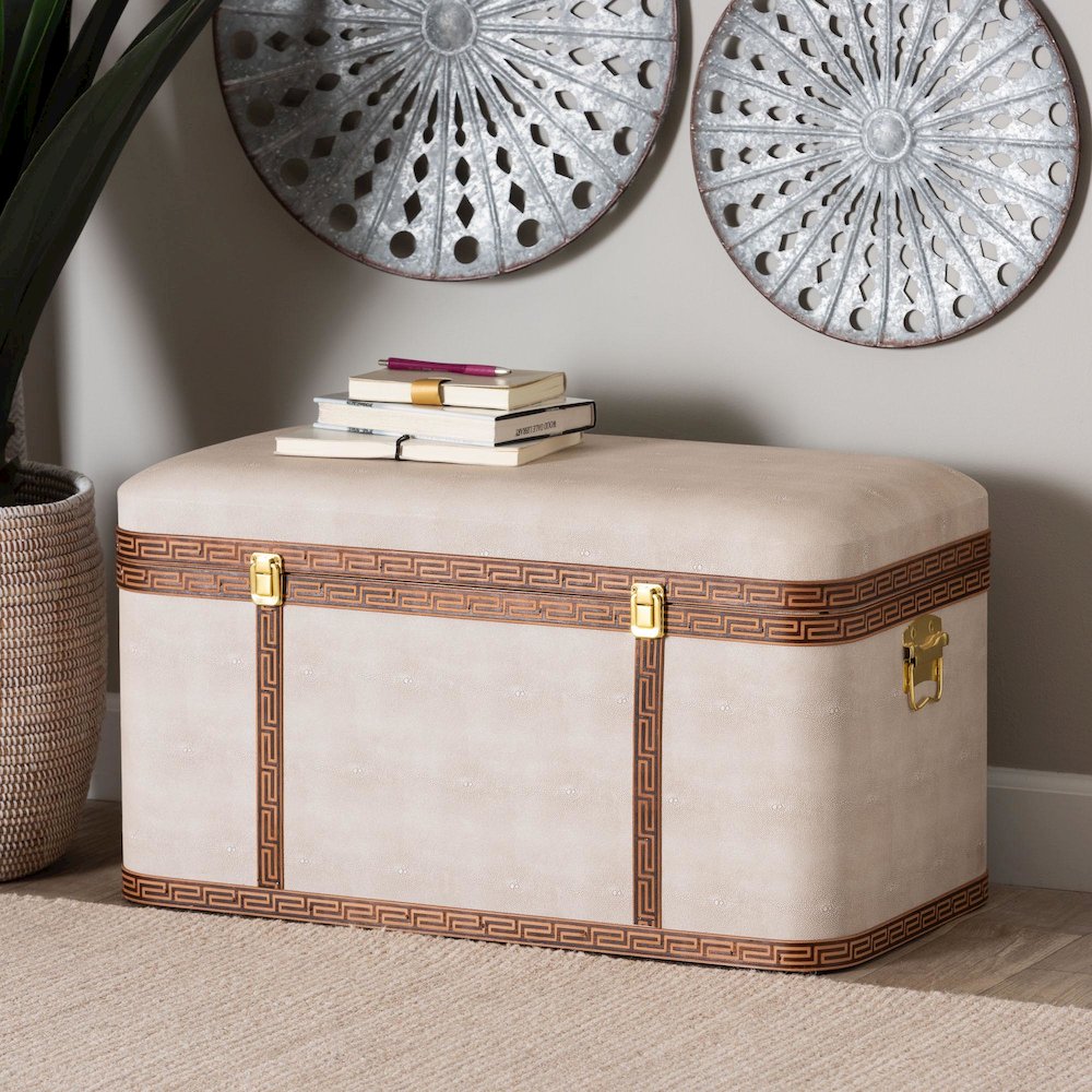 Brenner Modern Transitional Beige Faux Shagreen Storage Trunk. Picture 9
