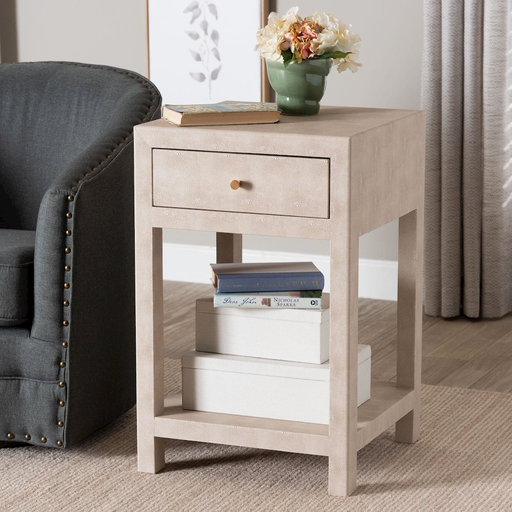 Dansby Modern Beige Faux Shagreen 1-Drawer End Table. Picture 9
