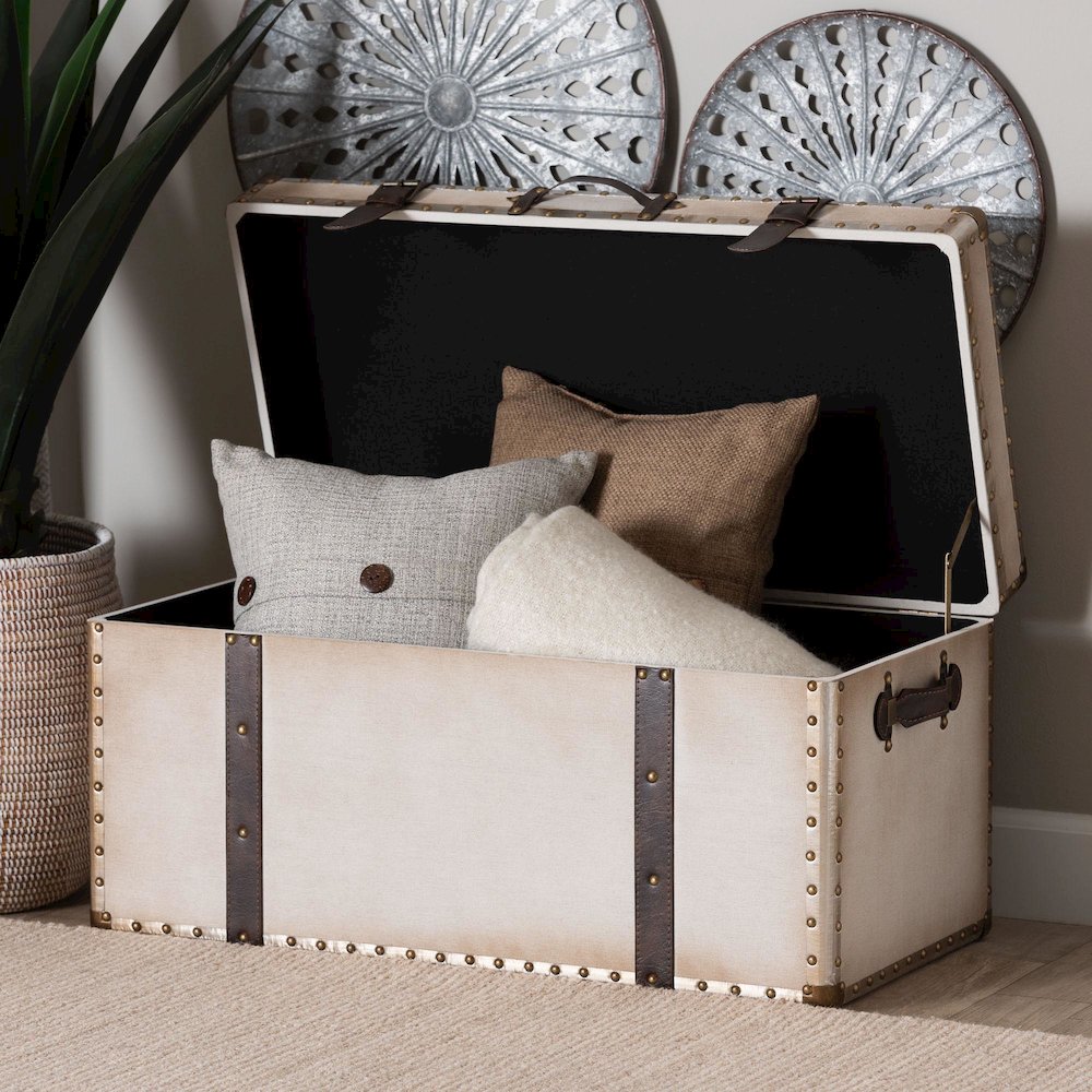 Nevio Vintage Weathered White Canvas Storage Trunk. Picture 10