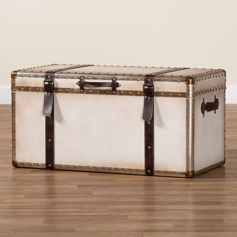 Nevio Vintage Weathered White Canvas Storage Trunk. Picture 11