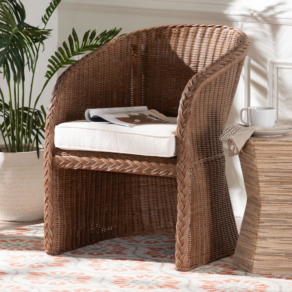 Memphis Bohemian Peanut Brown Braided Rattan Arm Chair. Picture 7