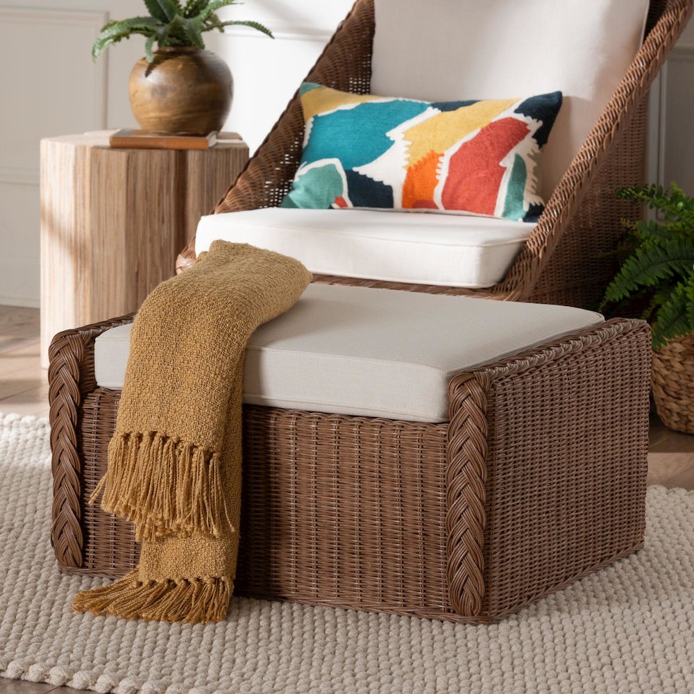 Derris Bohemian Peanut Brown Braided Rattan Footstool. Picture 6