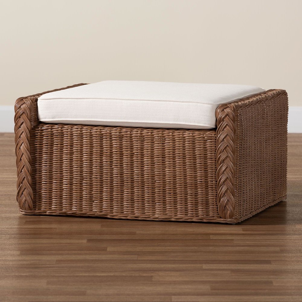 Derris Bohemian Peanut Brown Braided Rattan Footstool. Picture 7