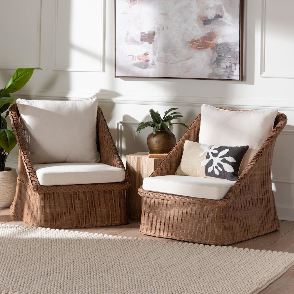 Derris Bohemian Peanut Brown Braided Rattan 2-Piece Arm Chair Set. Picture 9